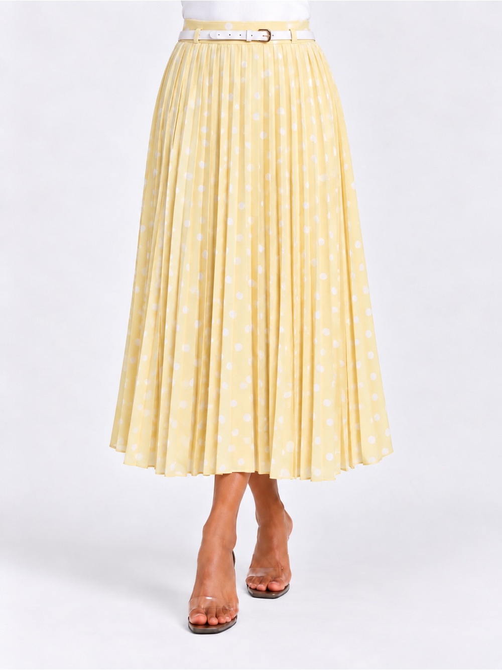Elizabeth & Nicole Petite Med Yellow White Polka Dot Pleated Midi Skirt Belted